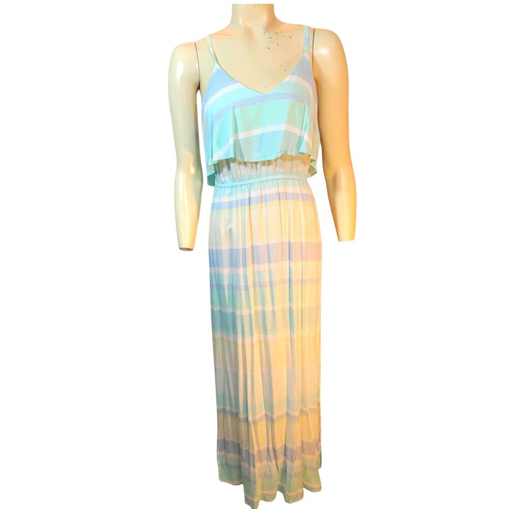 LC Lauren Conrad Maxi Dress Blue Green Striped V-Neck Slit Women's Size Small